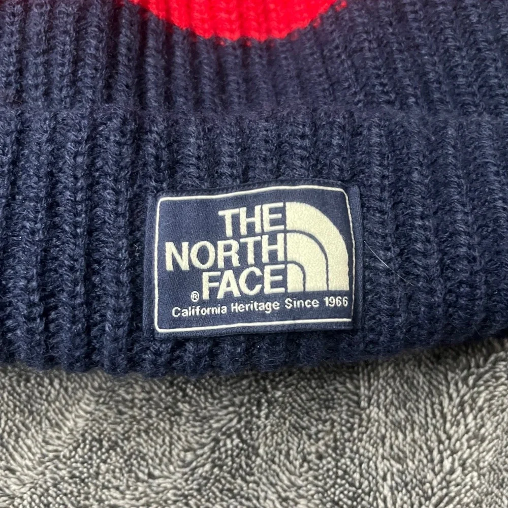 The North Face Red Navy Blue Colorblock Ribbed Knit Heritage Beanie Hat Size Med